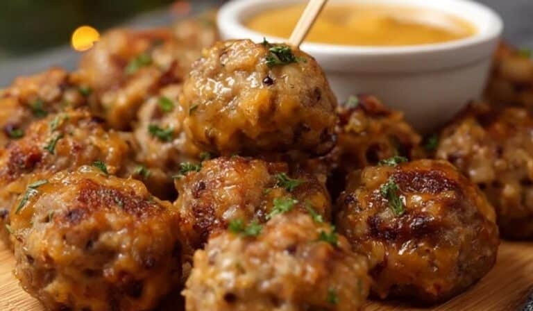 Stuffing Sausage Balls served hot on a white ceramic platter