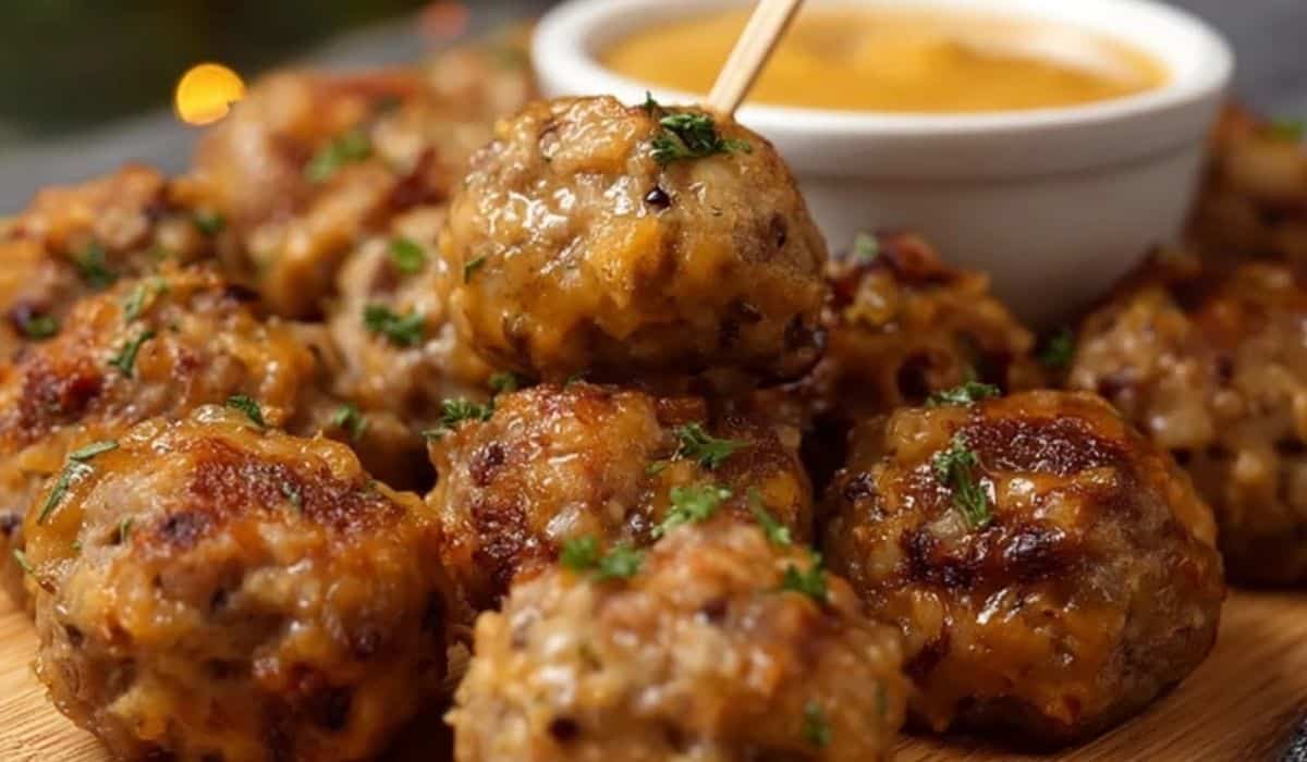 Stuffing Sausage Balls served hot on a white ceramic platter