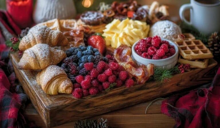 Festive Christmas Breakfast Charcuterie Board served on a rustic tray near a cozy fireplace