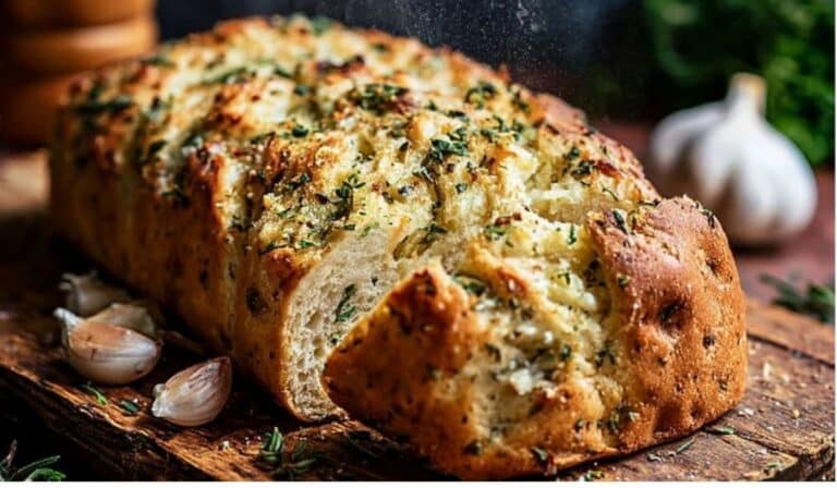 Garlic Parmesan Herb Bread on rustic board with herbs