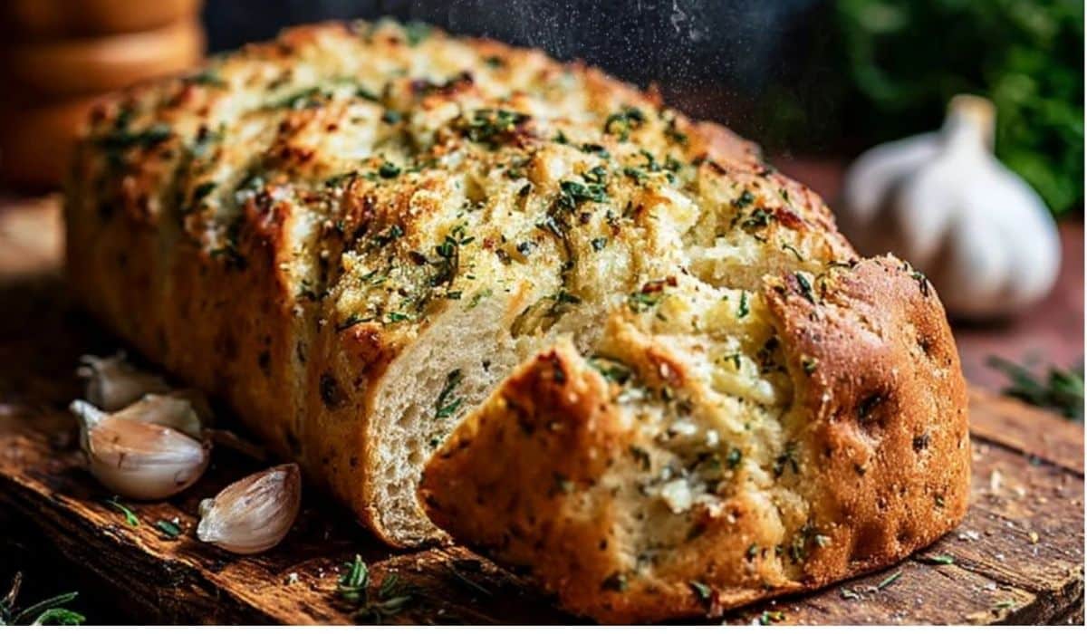 Garlic Parmesan Herb Bread on rustic board with herbs