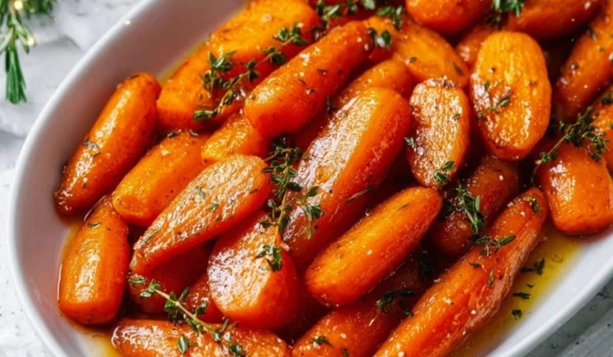 Glazed Carrots served in a white dish with glossy brown sugar glaze