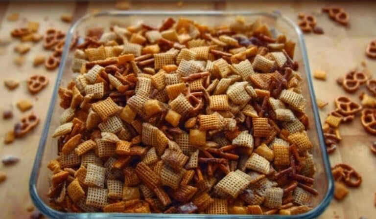 Homemade Chex Mix in a festive bowl, ready to serve