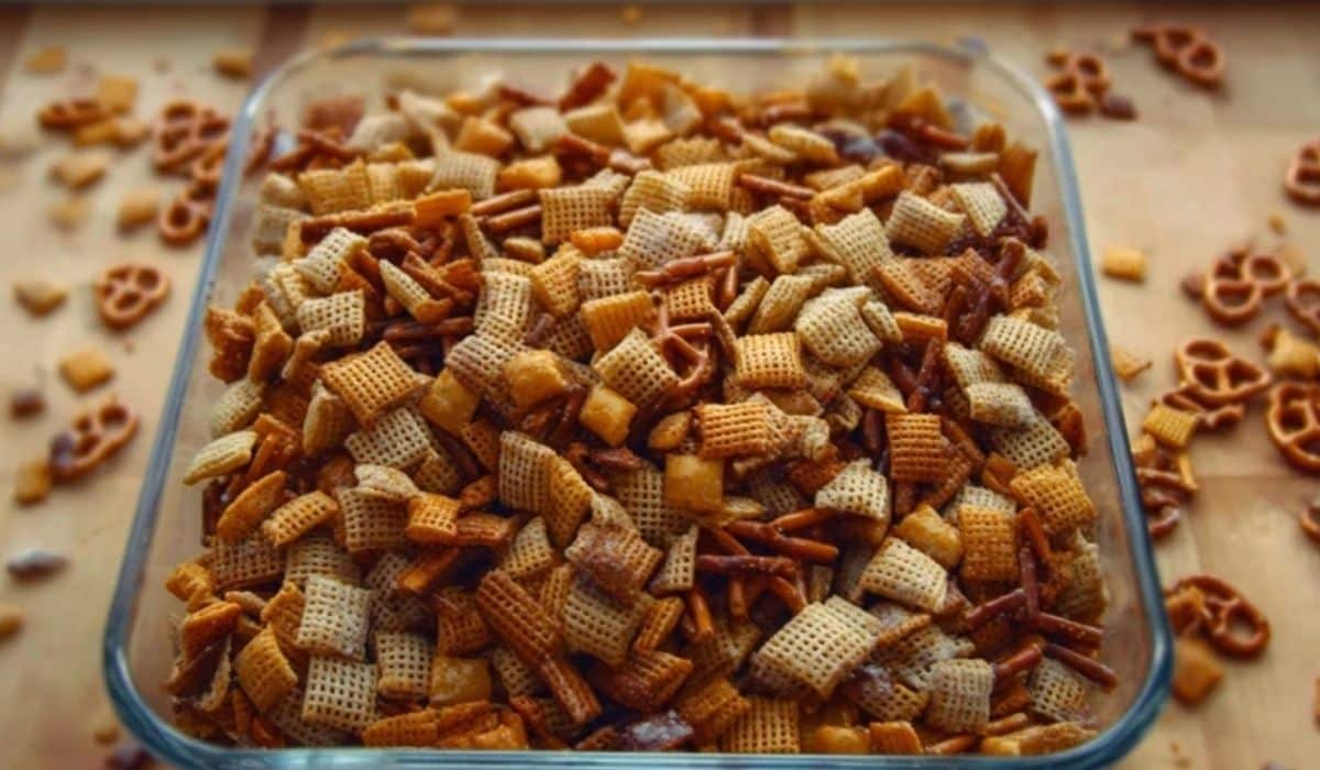 Homemade Chex Mix in a festive bowl, ready to serve
