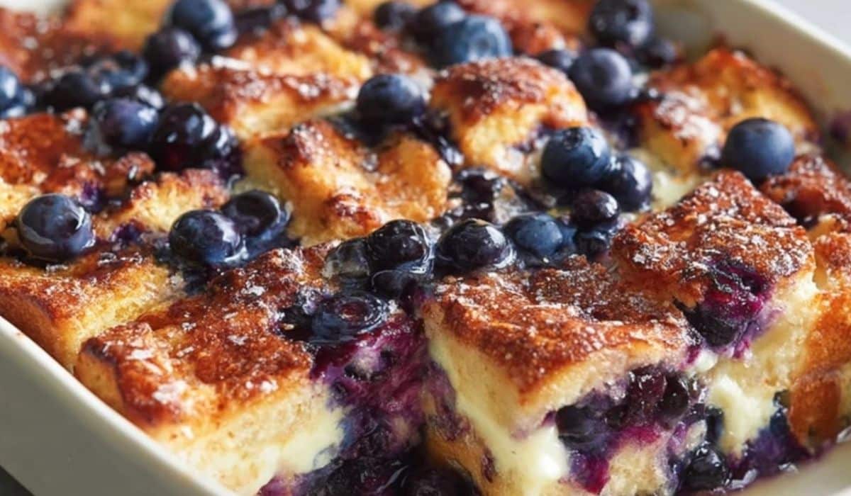Overnight Blueberry French Toast Casserole fresh from the oven