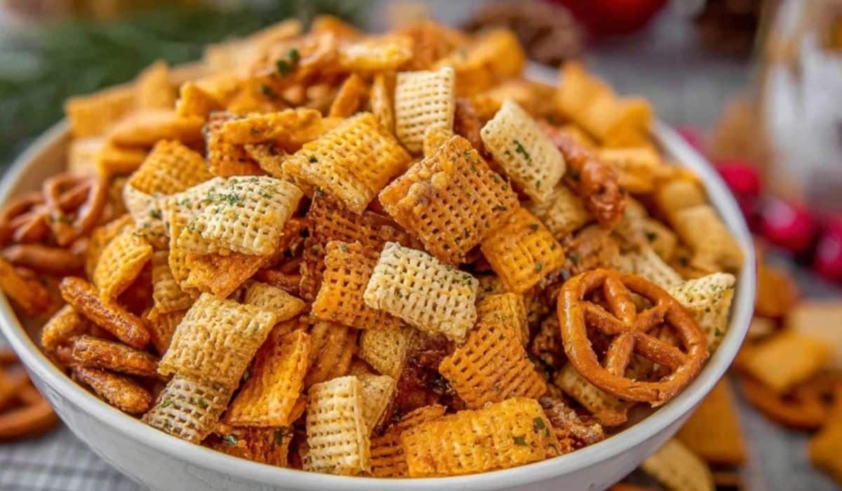 Featured image of Party Snack Mix in a white bowl with pretzels and cereal