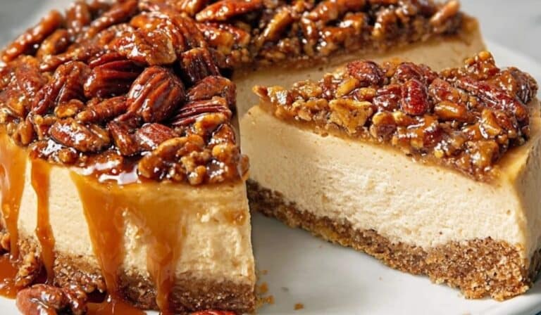 Pecan Pie Cheesecake Delight topped with toasted pecans on a rustic wooden table