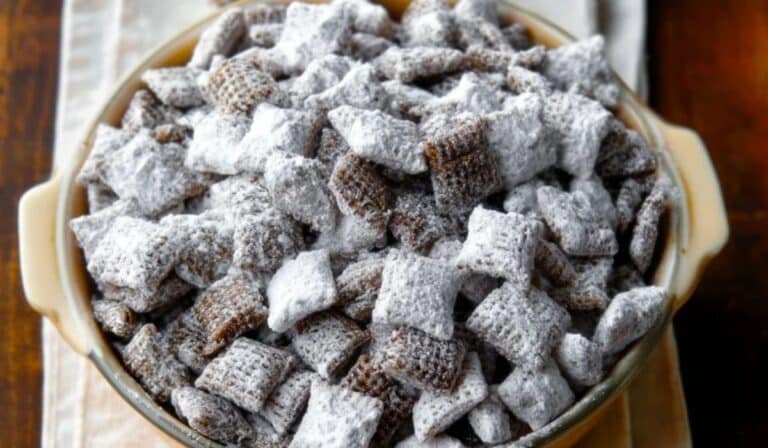 Puppy Chow Chex Mix Recipe served in a cozy kitchen setting