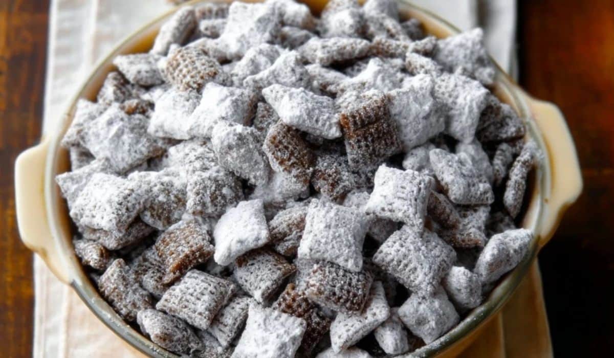 Puppy Chow Chex Mix Recipe served in a cozy kitchen setting