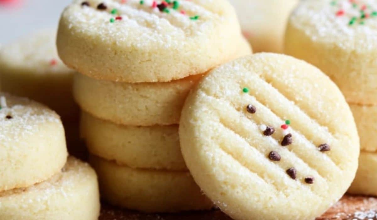 Shortbread Cookies Recipe on rustic tray with warm kitchen setting