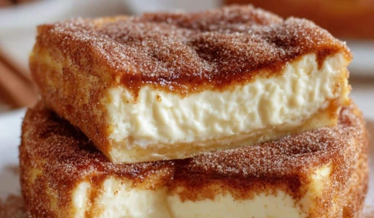 Simple Churro Cheesecake dessert bar with cinnamon sugar topping