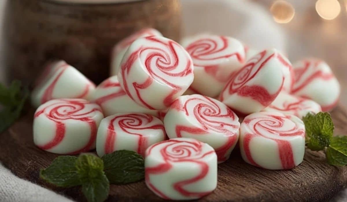 Soft Christmas Peppermints stacked on a rustic wooden board with festive lighting