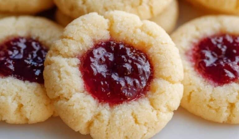 Soft Christmas Thumbprint Cookies filled with raspberry jam on a white plate