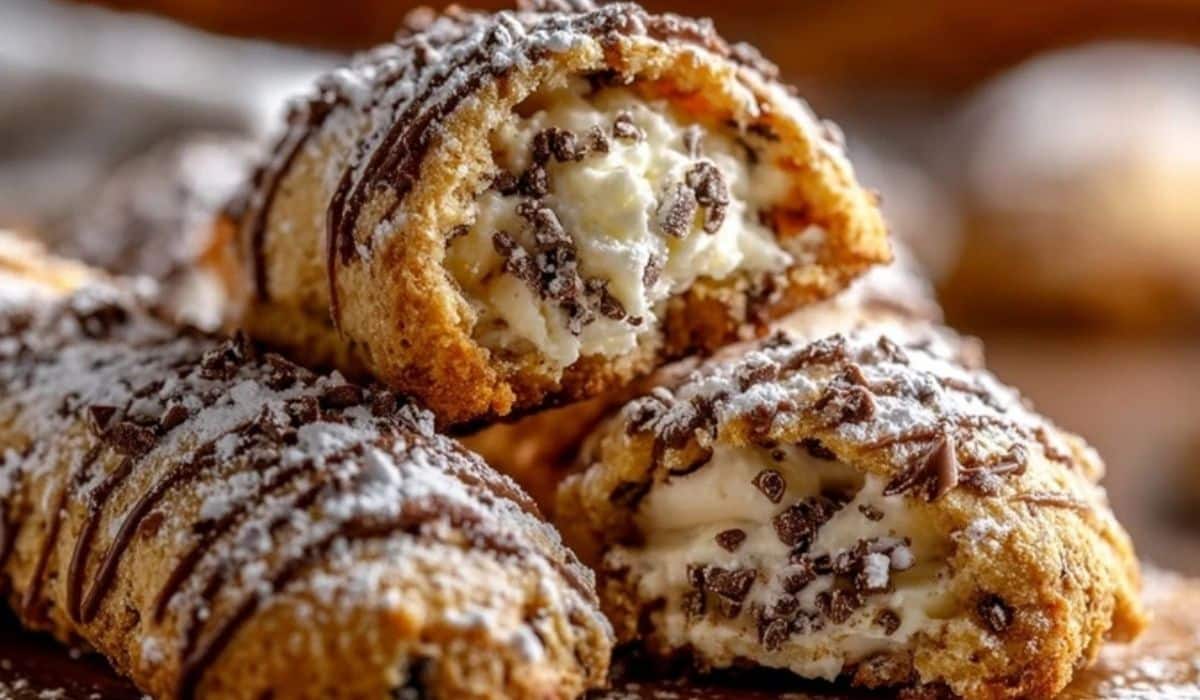 The Best Cannoli Cookies stacked on a rustic plate, showcasing creamy ricotta filling