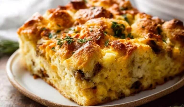 Biscuit Breakfast Casserole served in ceramic dish