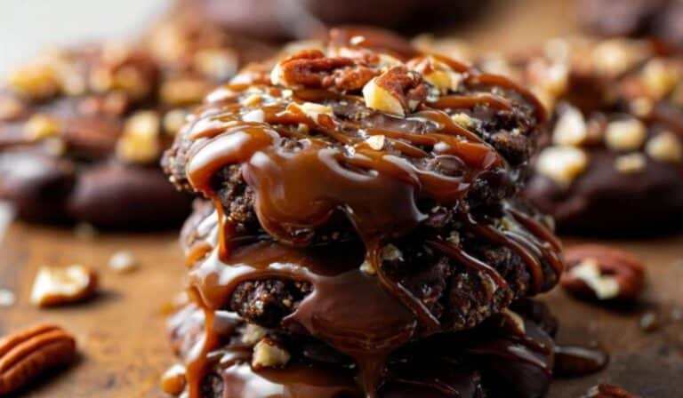 Chocolate Turtle Cookies stacked on a wooden board