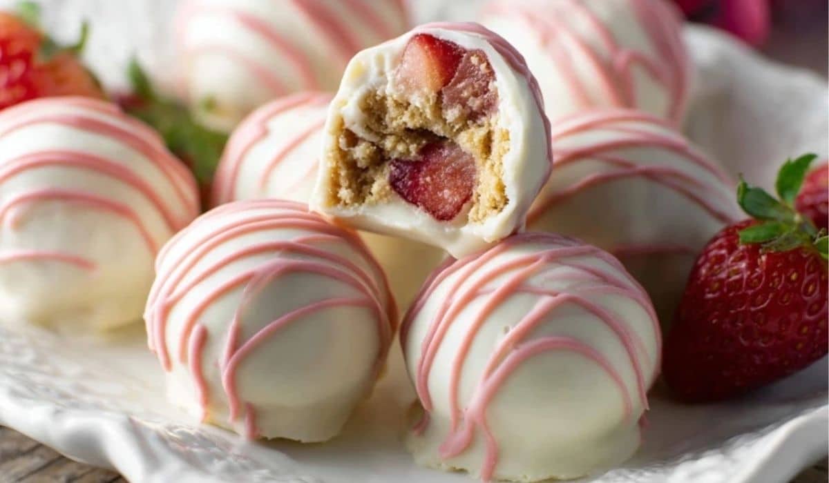 5 Ingredient Strawberry Cheesecake Truffles on dessert platter