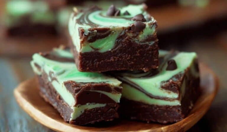 Andes Mint Chocolate Chip Fudge on rustic serving plate