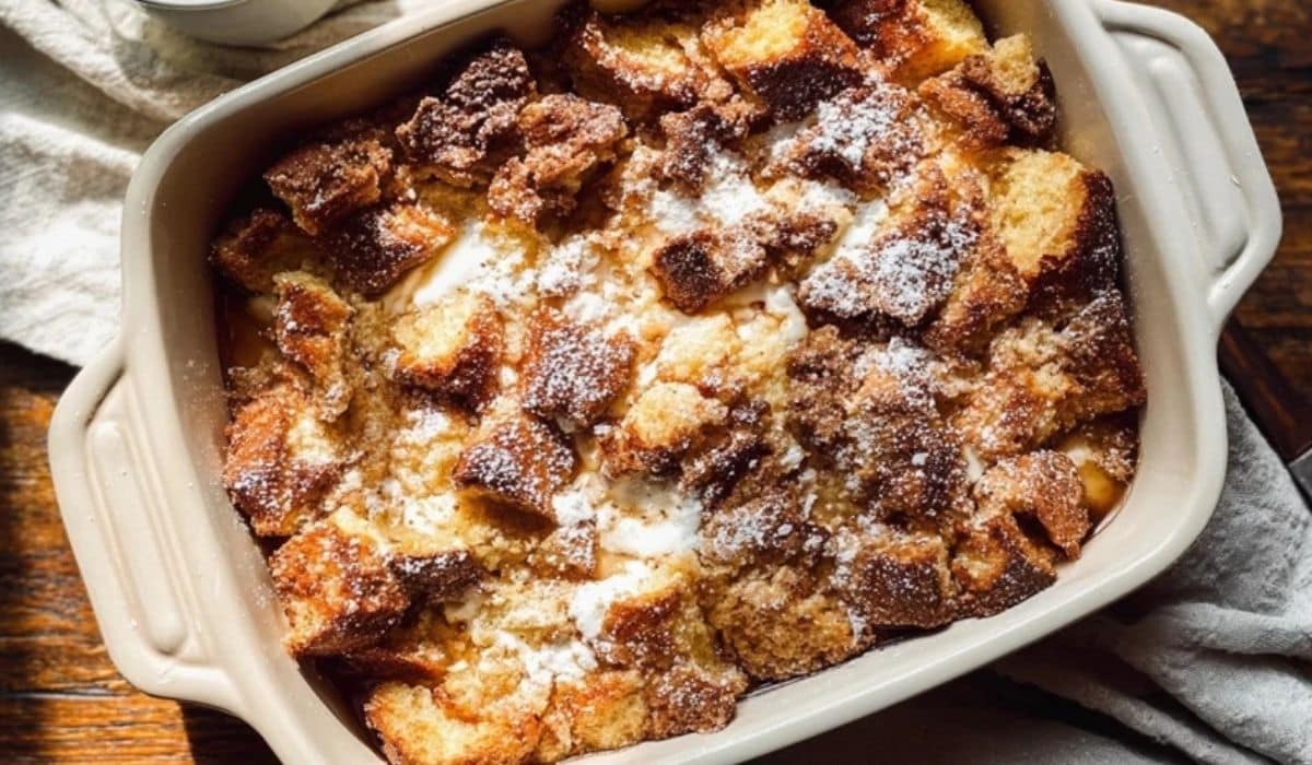 Baked Cream Cheese French Toast Casserole served in white ceramic dish