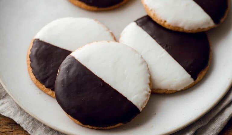Black and White Cookies served on a white plate in natural light