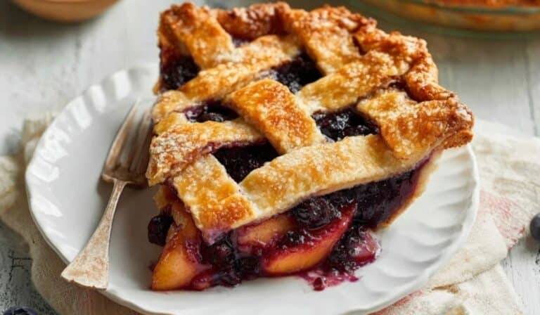 Blueberry Peach Pie slice on rustic plate with juicy filling