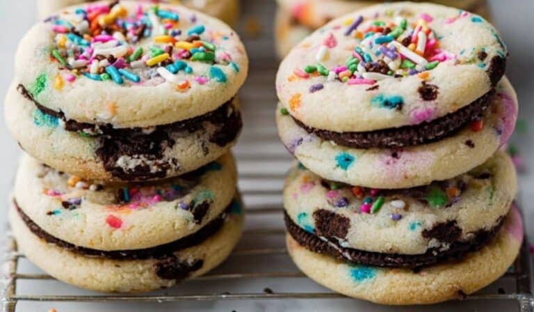 Cake Batter Oreo Cookies stacked with sprinkles