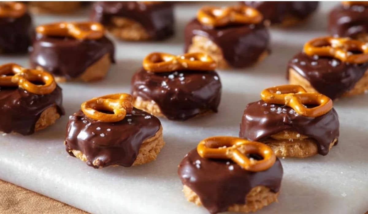 Featured overhead image of chocolate peanut butter pretzel bites on a marble board