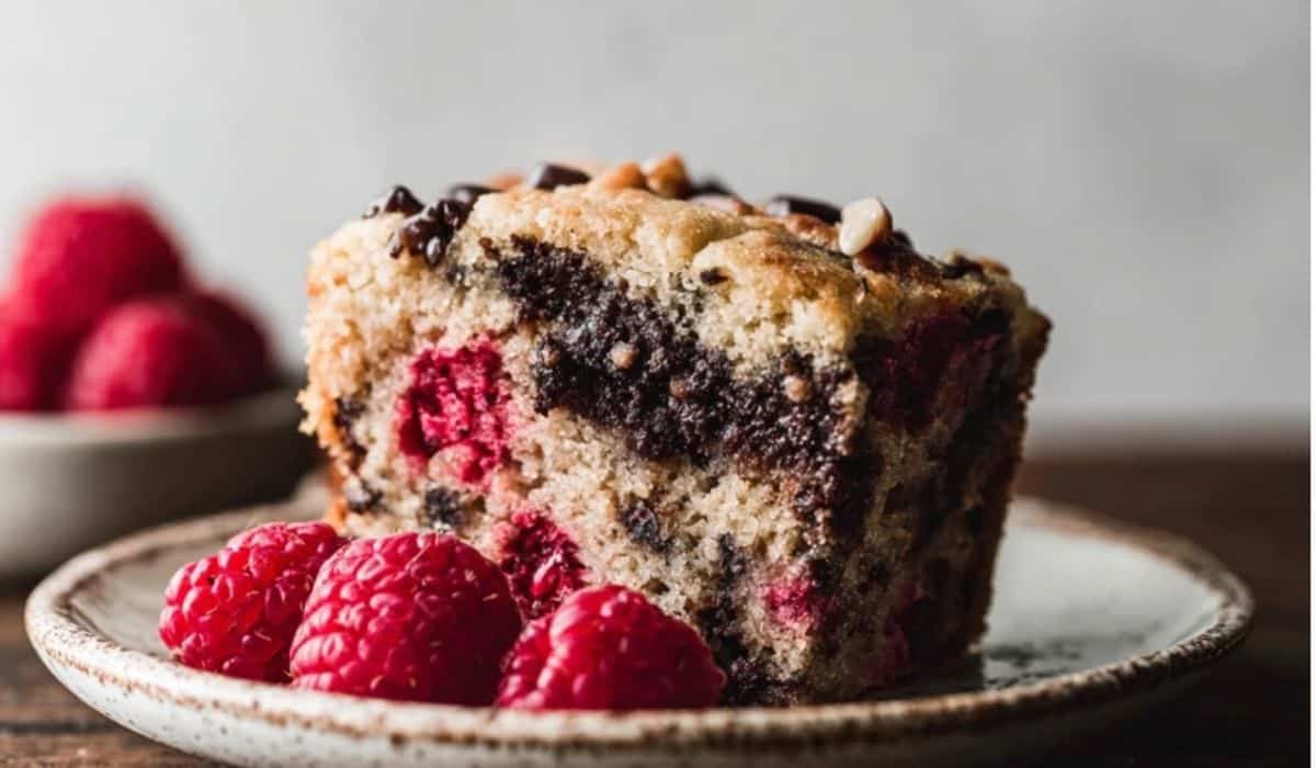 Dark Chocolate Raspberry Coffee Cake on ceramic plate
