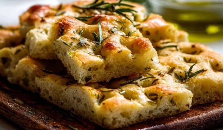 Garlic Rosemary Herb Focaccia served on wooden board with herbs
