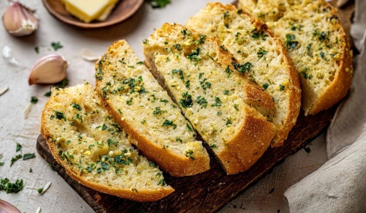Homemade garlic bread sliced and served warm