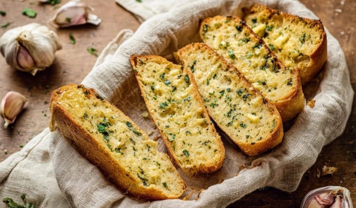 Homemade Garlic Bread served fresh in a rustic basket