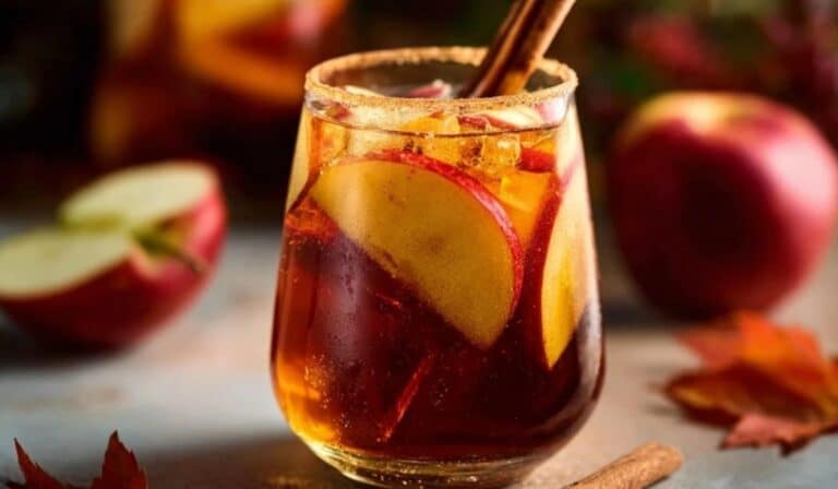 Honeycrisp Apple Sangria in clear glass on a rustic wood table