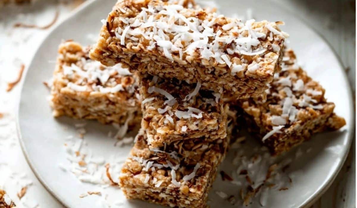 No-Bake Chewy Coconut Granola Bars served on a rustic plate
