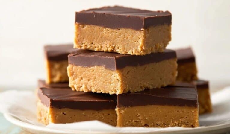 No-Bake Chocolate Peanut Butter Bars on white ceramic plate