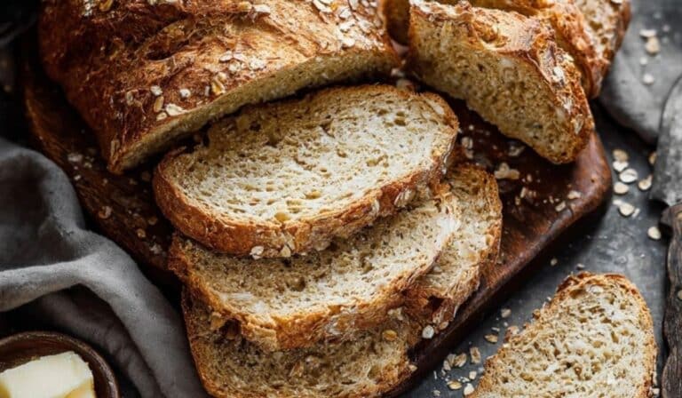 No-Knead Honey Oat Bread sliced on wooden board