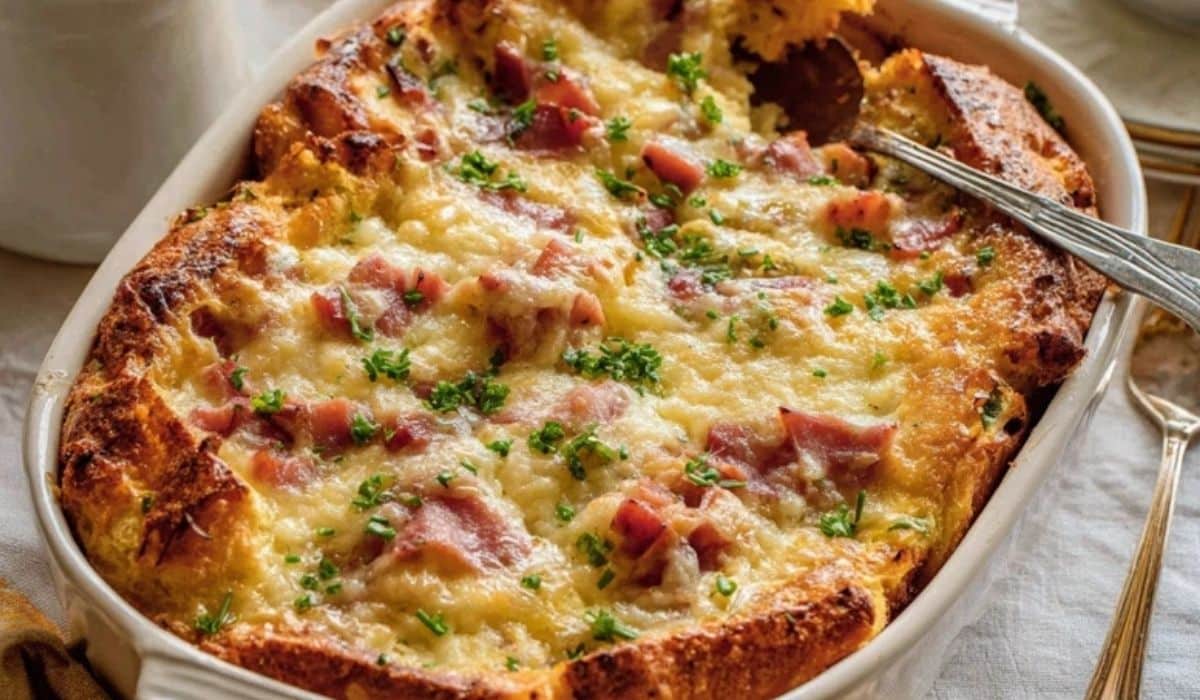 Overnight Ham and Swiss Cheese Strata served in white ceramic dish