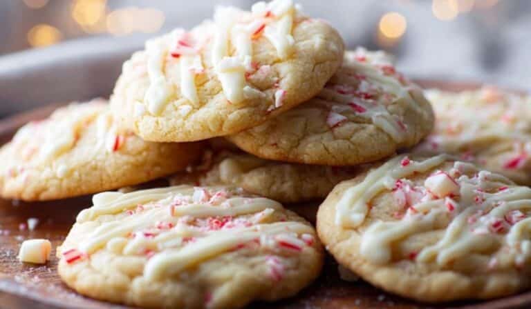 Peppermint White Chocolate Cookies stacked on a rustic plate