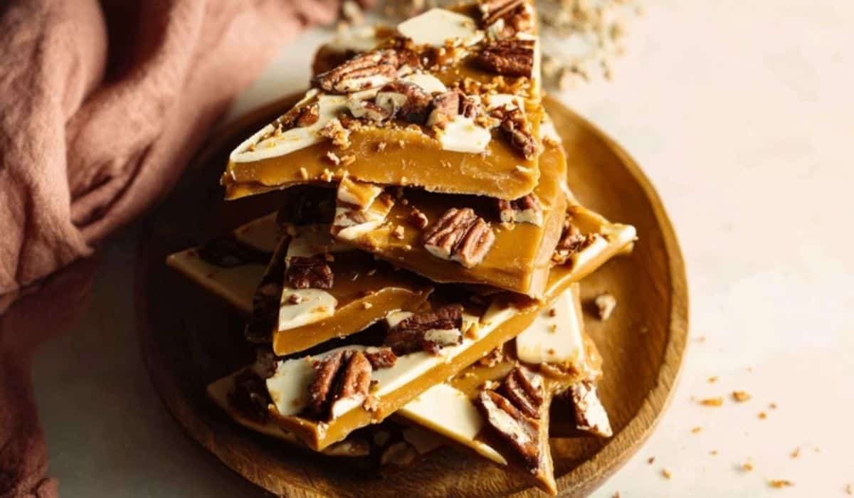 Pumpkin Spice Toffee served on a rustic autumn dessert table