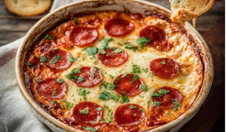 Quick and Easy Pepperoni Pizza Dip served hot and fresh