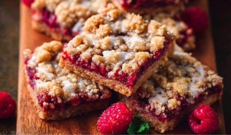 Raspberry Streusel Bars with golden crumb topping on wooden tray
