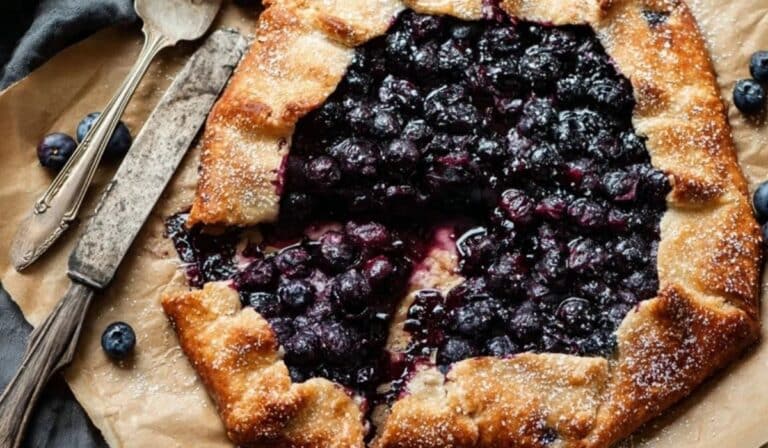 Simple Blueberry Galette served rustic style with bubbling berries