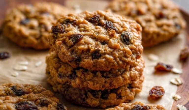 Soft & Chewy Oatmeal Raisin Cookies stacked on wooden plate