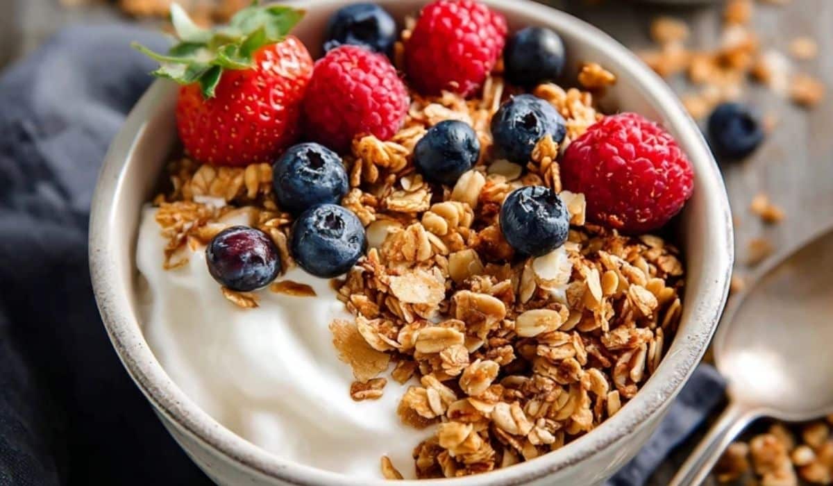 Vanilla Almond Granola (8 Ingredients) served in a rustic breakfast bowl