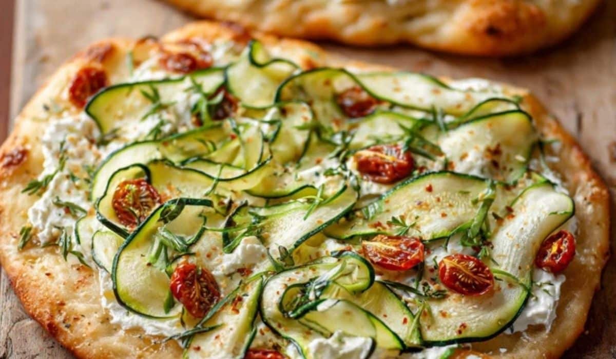Zucchini and Herbed Ricotta Flatbread served on rustic wooden board