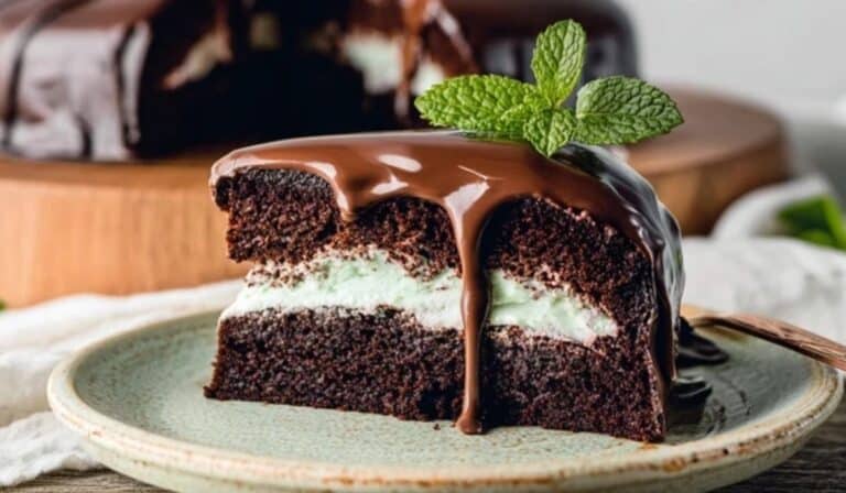 Mint Chocolate Cake slice on plate with mint garnish