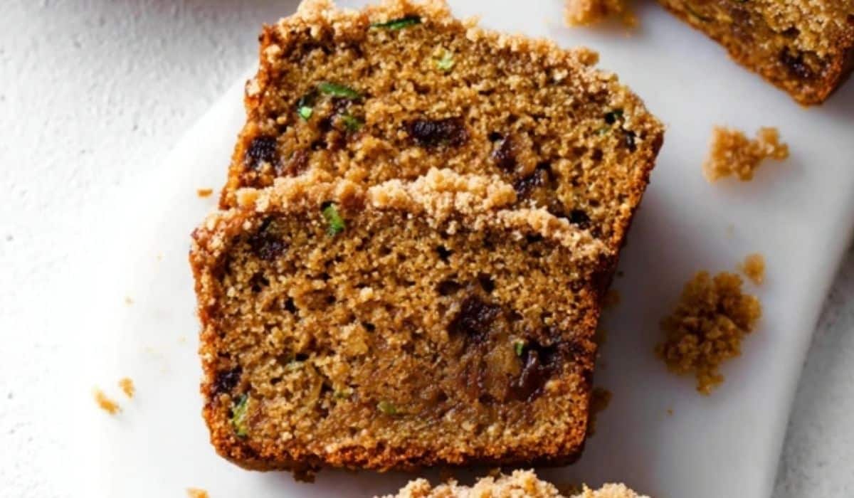 Award-Winning Zucchini Bread with Brown Sugar Streusel served on rustic table