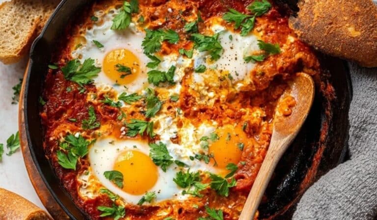 Easy Shakshuka served in a cast iron skillet