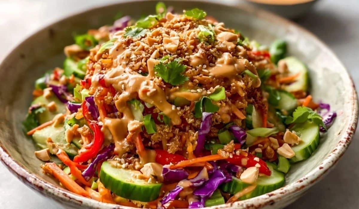 Asian Crispy Rice Salad With Peanut Sesame Dressing in serving bowl