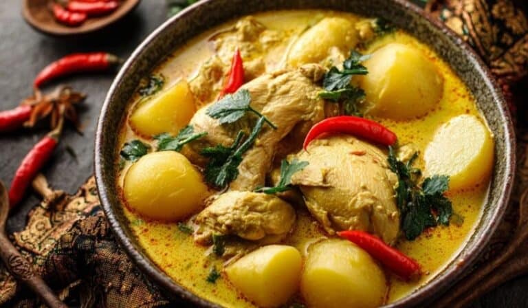Authentic Thai Yellow Chicken Curry with Potatoes served in a ceramic bowl