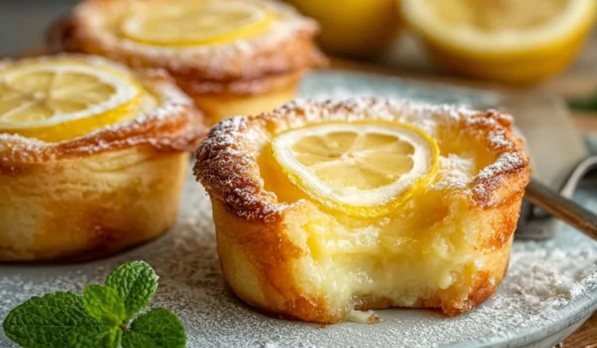 Featured Baby Lemon Impossible Pies served on a rustic wooden table
